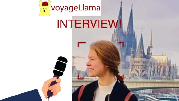Ilustración de una entrevista a la motociclista Katharina en Colonia.