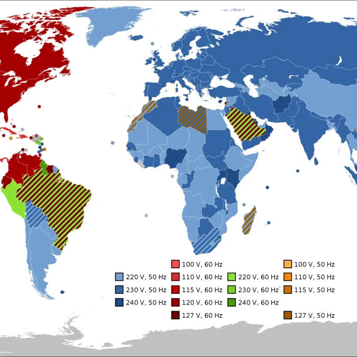 Mapa mundial de voltajes y frecuencias de la red eléctrica.