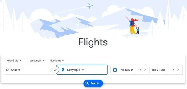 Buscador de Google Flights con ruta entre Ankara y Guayaquil.