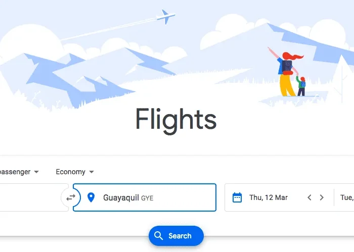 Buscador de Google Flights con ruta entre Ankara y Guayaquil.